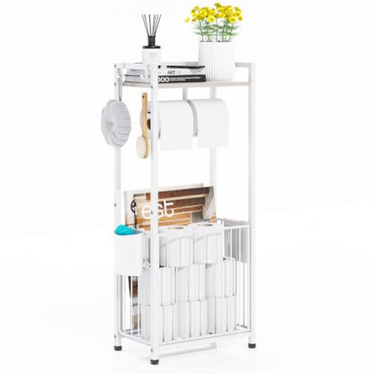 Freestanding Toilet Paper Holder Stand with Hooks & Storage - White