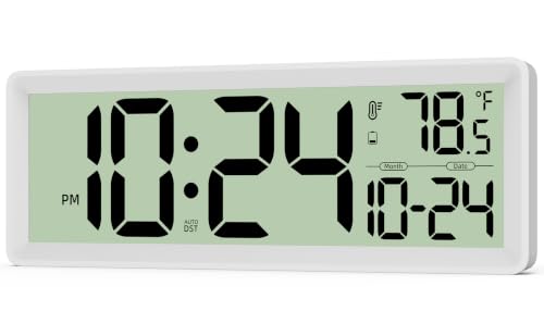 White 14-Inch Digital Wall Clock with Temperature, Date, DST - Silent, Easy Read