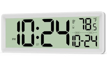 White 14-Inch Digital Wall Clock with Temperature, Date, DST - Silent, Easy Read