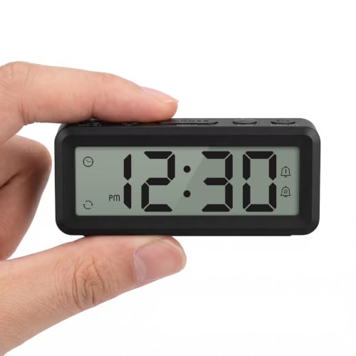 Mini Travel Alarm Clock Battery Operated with Magnetic Attraction - Black, 3.7 Inch