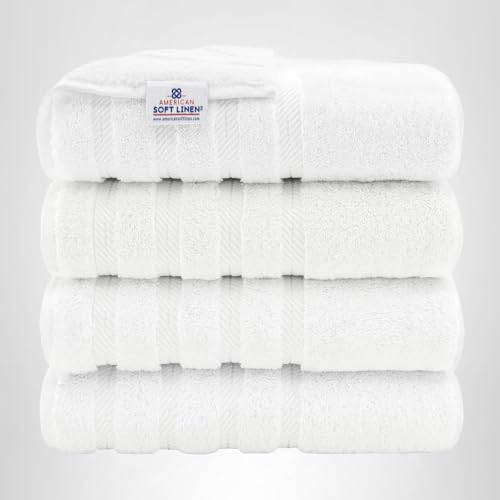 American Soft Linen Luxury 4 Piece Bath Towel Set, 600 GSM 100% Cotton Turkish Bath Towels for Bathroom, 27x54 in Extra Large Bathroom Shower Towels, White