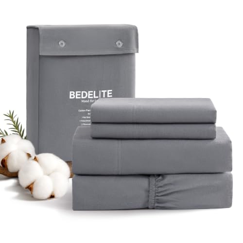 BEDELITE 100% Cotton Flannel Bed Sheets Set - Queen Size Dark Grey 4 Pieces