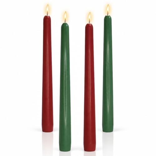 Christmas Red Green Taper Candles Set of 4 - 10 Inch Unscented Holiday Decor