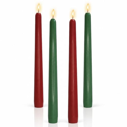 Christmas Red Green Taper Candles Set of 4 - 10 Inch Unscented Holiday Decor