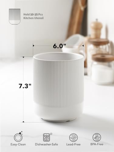 Large Ceramic Kitchen Utensil Holder White 7.3 Inch Countertop Organizer