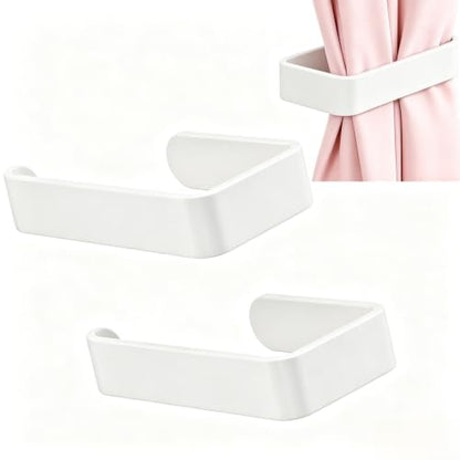 White Adhesive Curtain Holdbacks - No Drill, Damage-Free Peel & Stick, 2 Pack