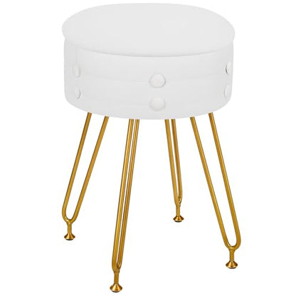 Round Velvet Vanity Stool with Storage – White Faux Fur Makeup Chair, 4 Metal Legs