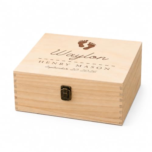 Personalized Baby Keepsake Box with Name and Birth Date - Wooden Memory Chest for Newborns