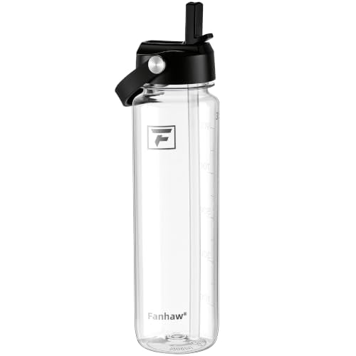 Fanhaw 32oz Clear Plastic Water Bottle with Flip Straw Lid & Black Accents