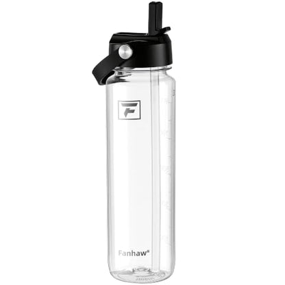 Fanhaw 32oz Clear Plastic Water Bottle with Flip Straw Lid & Black Accents