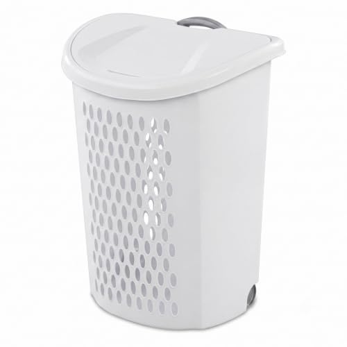 Rolling Laundry Hamper with Lid - White Plastic Wheeled Laundry Basket - Variation 1