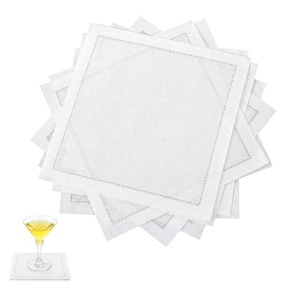 8 Pack White Linen Cocktail Napkins for Weddings & Bars - Elegant Cotton Cloth