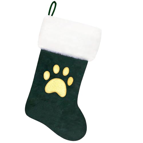 20 Inch Green Velvet Christmas Stocking with White Plush Cuff - Pets Paw Variation