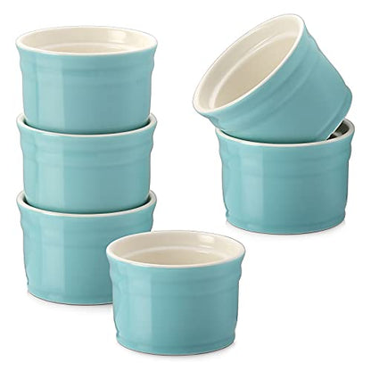 DOWAN Ramekins, Porcelain Ramekins 8 oz Oven Safe, Set of 6 Ramekins for Creme Brulee, Souffle Dishes Custard Cups Dessert Small Bowls for Pudding, Turquoise Ramekins for Baking