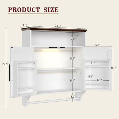 White Farmhouse Bathroom Wall Cabinet with Motion Sensor LED Light & Towel Bar