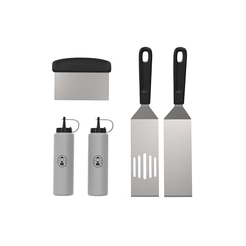 Coleman Flat Top 5-Piece BBQ Griddle Tool Kit, Stainless Steel Grilling Tool Kit with 2 Spatulas, Scraper, and 2 Squeeze Bottles, for Gas Grills and Griddles