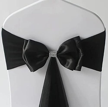 Skiennix 6Pcs Stretch Satin Chair Sashes - Elegant Black Bows for Wedding & Event Decor