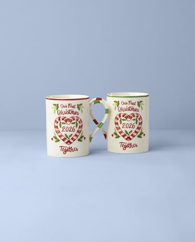 First Christmas Together Mug Set for 2 - Holly & Candy Cane Handles, 16oz