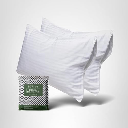 Beckham Hotel Collection Queen Size White Pillow Protector with Zipper Set of 2, Soft and Breathable Cotton Pillow Protector Covers