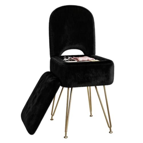 Black Faux Fur Vanity Chair with Storage and Foldable Backrest - 14.2"D x 13.2"W x 29.9"H