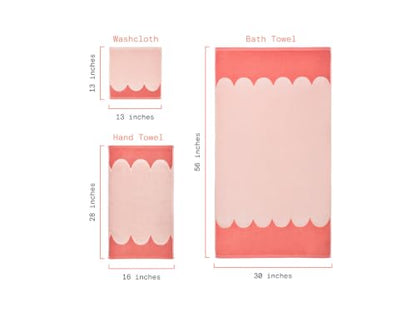 Pink 6-Piece Scalloped Bath Towel Set - 56 x 30 Inches Combed Cotton