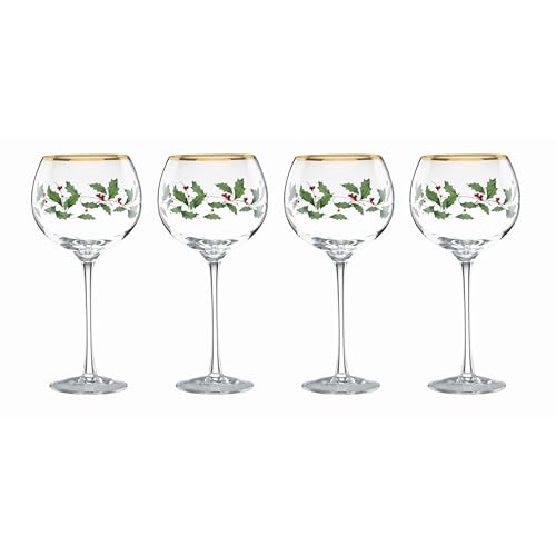 Balloon Wine Glasses Set of 4 - 14oz Holiday Holly Leaf & Gold Trim