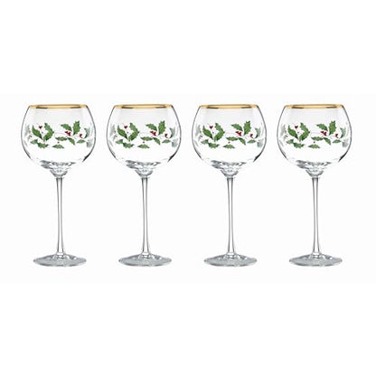 Balloon Wine Glasses Set of 4 - 14oz Holiday Holly Leaf & Gold Trim