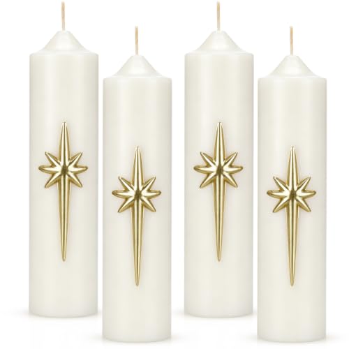 Christmas Advent Candles Set - 4 White Religious Pillar Candles with Gold Star