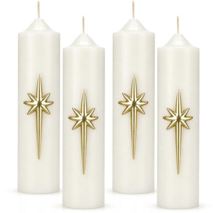 Christmas Advent Candles Set - 4 White Religious Pillar Candles with Gold Star