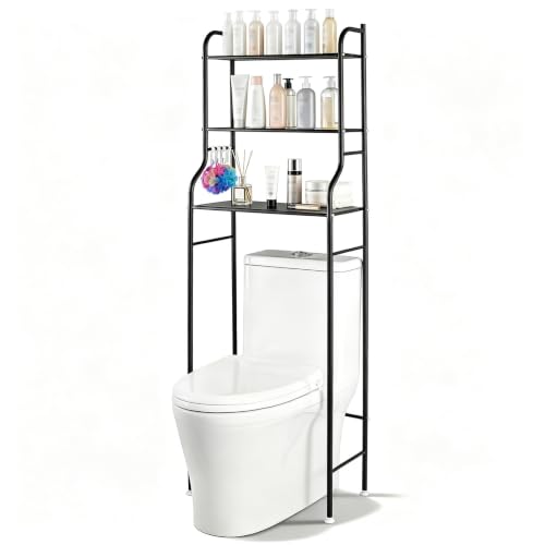 Over Toilet Storage Shelf with Hooks & Anti-Tip Kit, Black Bathroom Organizer