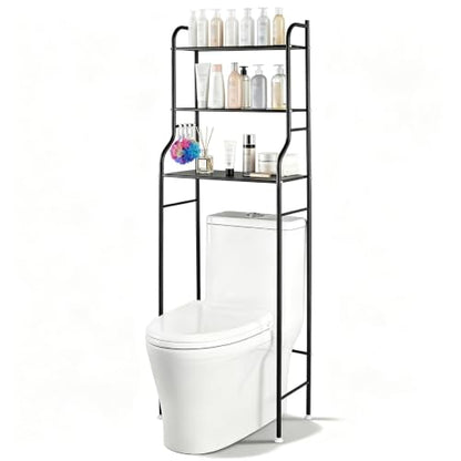 Over Toilet Storage Shelf with Hooks & Anti-Tip Kit, Black Bathroom Organizer