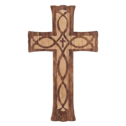 10-Inch Wooden Cross Wall Decor - Handcrafted Religious Jesus Carved Pattern - Ichthys Style
