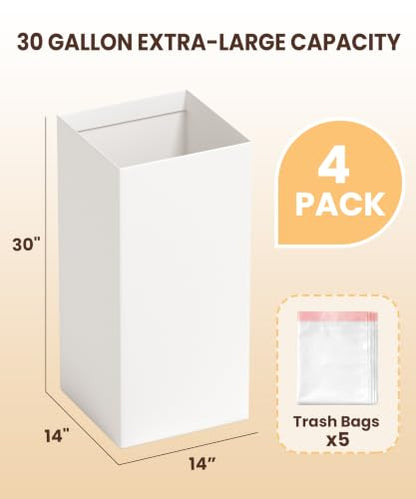 30 Gallon Disposable Trash Cans for Parties - Pack of 4, White