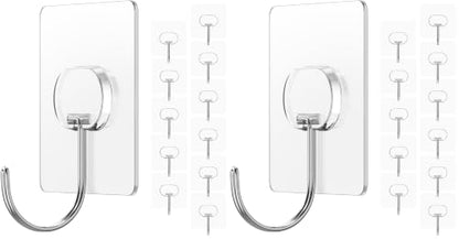 Clear Large Adhesive Wall Hooks 24 Pack - Heavy Duty Waterproof Towel & Coat Hangers