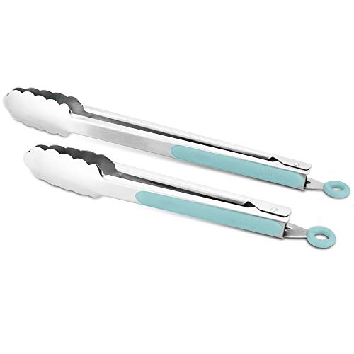 304 Stainless Steel Kitchen Cooking Tongs, 9" and 12" Set of 2 Sturdy Grilling Barbeque Brushed Locking Food Tongs with Ergonomic Grip, Aqua Sky