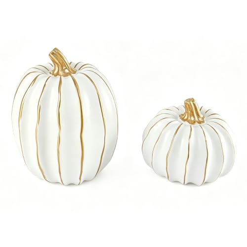 White Pumpkin Decor Set - 2 Resin Fall Pumpkins with Gold Accents