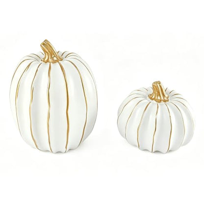 White Pumpkin Decor Set - 2 Resin Fall Pumpkins with Gold Accents