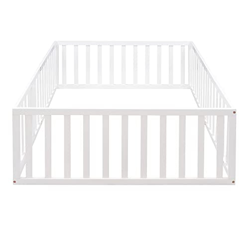 Full Size Montessori Floor Bed with Rails & Small Door - White, Pine