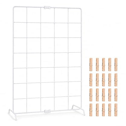 White Metal Wire Display Stand with Wooden Clips for Photos & Jewelry - 27.6 x 13.8 Inches