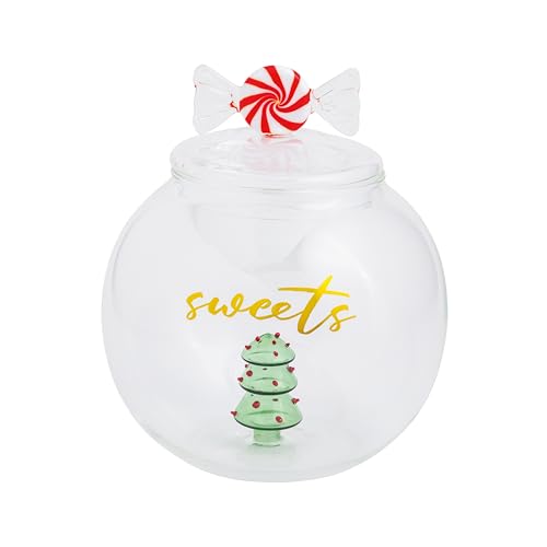 Christmas Glass Cookie Jar with Glass Tree and Peppermint Handle - Holiday Decor