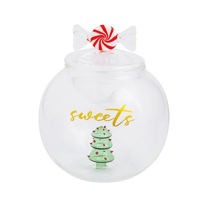 Christmas Glass Cookie Jar with Glass Tree and Peppermint Handle - Holiday Decor