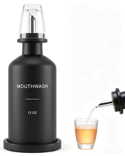 Glass Mouthwash Dispenser Set Black with Reusable Cup & Bamboo Nozzle - 350ml