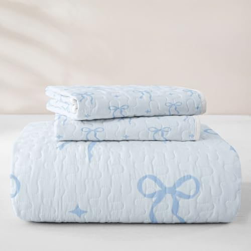 Castle Fairy Coquette Bows Twin Quilt Coverlet Set - White Light Blue, 2 Pieces