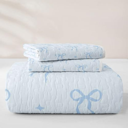 Castle Fairy Coquette Bows Twin Quilt Coverlet Set - White Light Blue, 2 Pieces