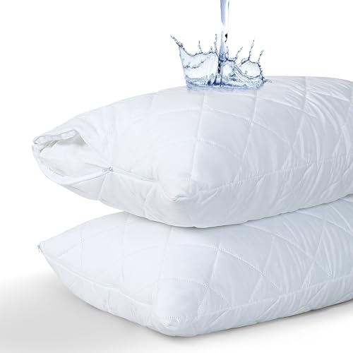 White King Waterproof Quilted Pillow Protectors Set with Zippered Encasements