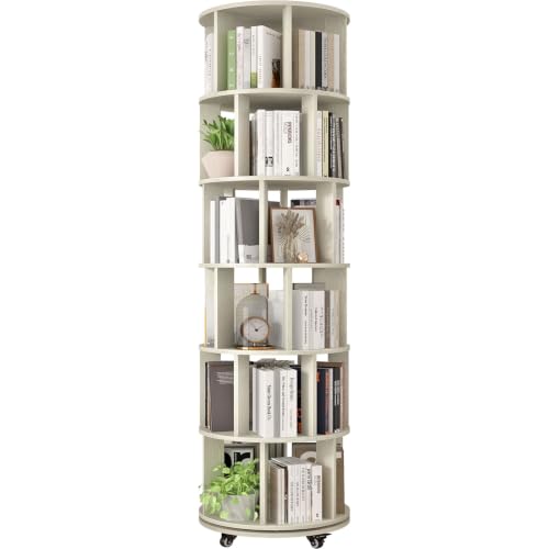 6-Tier Rotating Bookshelf Tower - Vintage White 360° Spin Storage