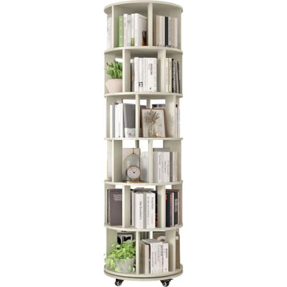 6-Tier Rotating Bookshelf Tower - Vintage White 360° Spin Storage