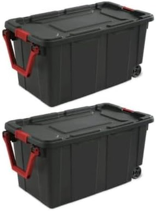 Industrial 40 Gallon Wheeled Tote | Durable Plastic Storage Bins - Black | Set of 2