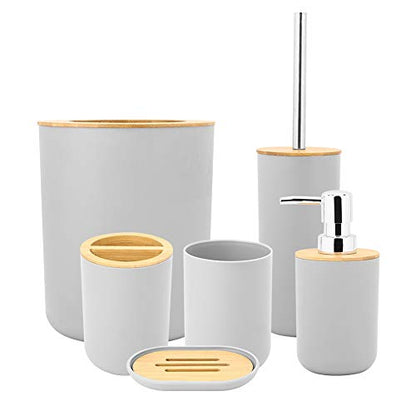 Gray 6-Piece Bathroom Accessories Set with Soap Dish Toothbrush Holder Rinse Cup Lotion Bottle Trash Can Toilet Brush