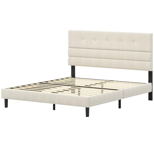 Queen Size Upholstered Bed Frame with Linen Fabric Headboard - Beige, Adjustable Height